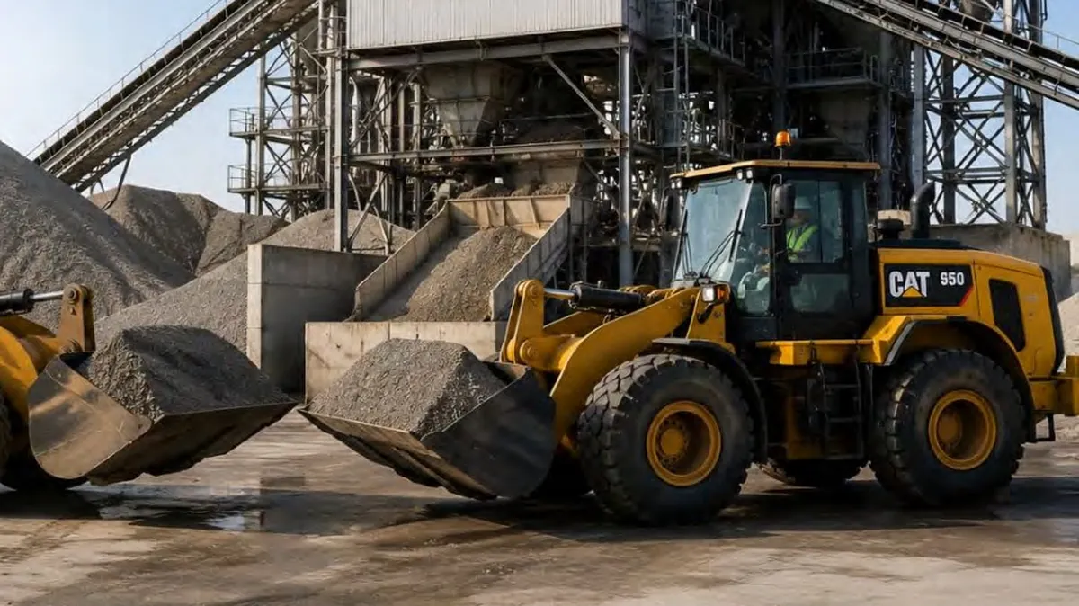 Caterpillar 950 wheel loader feeding aggregate to the batching plant at ICAD III